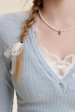 Lace V-Neck Knit Sweater Set-Up