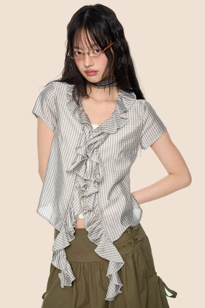 Lace V-Neck Plaid Blouse