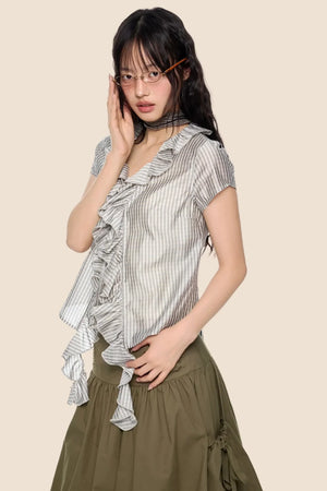 Lace V-Neck Plaid Blouse
