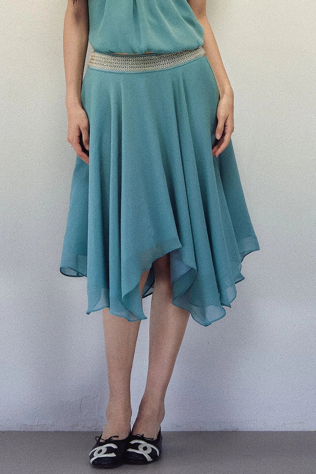 Lake Blue Chiffon Halter Top and Asymmetrical Skirt Set