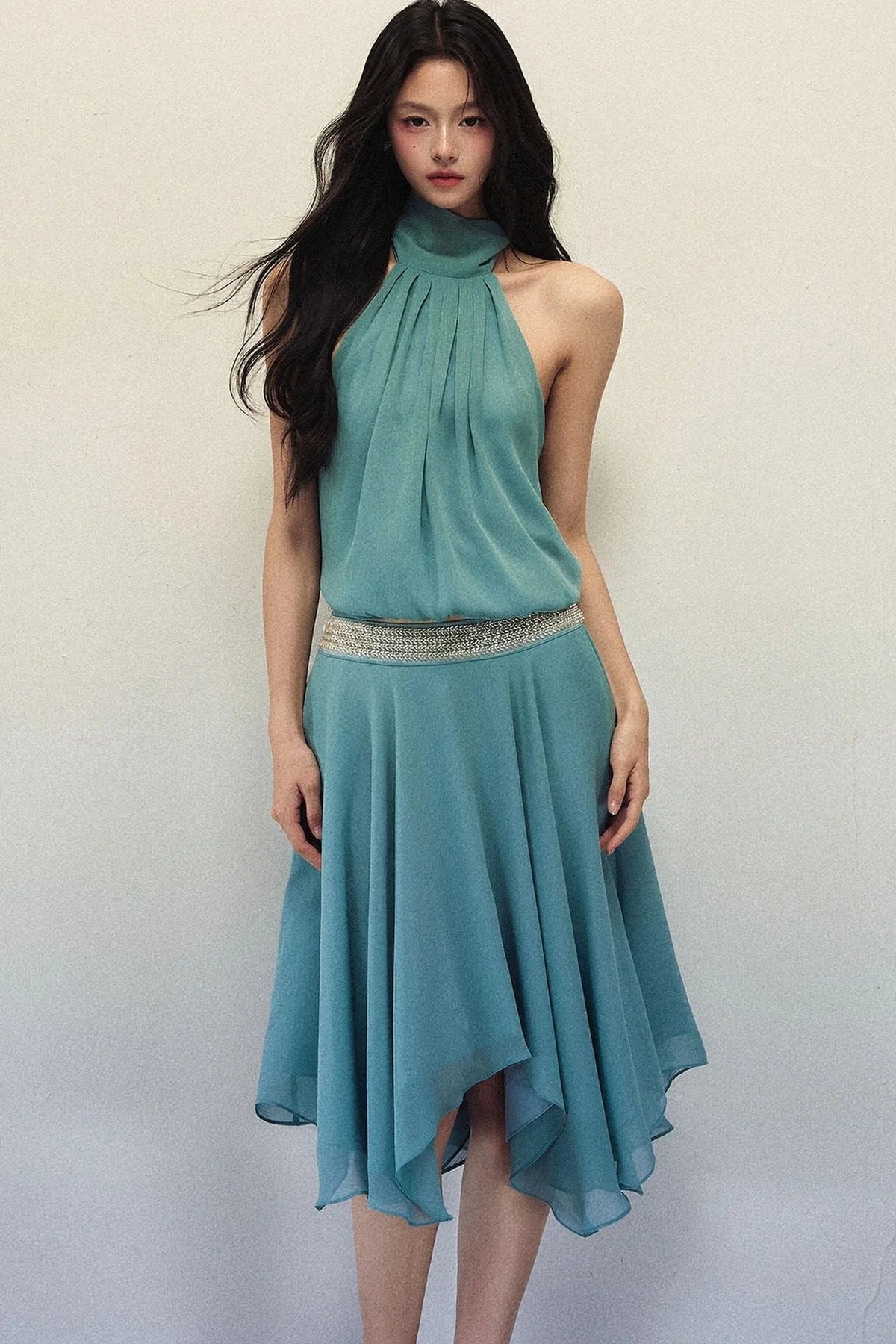 Lake Blue Chiffon Halter Top and Asymmetrical Skirt Set