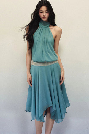Lake Blue Chiffon Halter Top and Asymmetrical Skirt Set