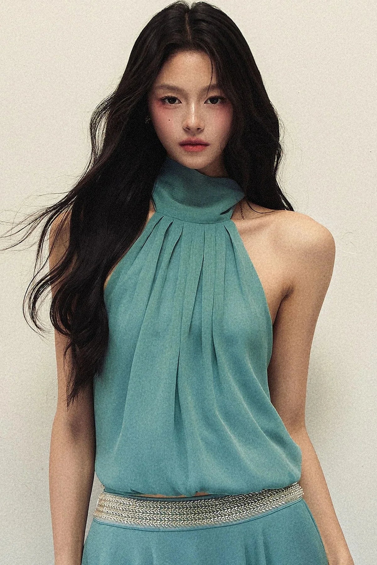 Lake Blue Chiffon Halter Top and Asymmetrical Skirt Set