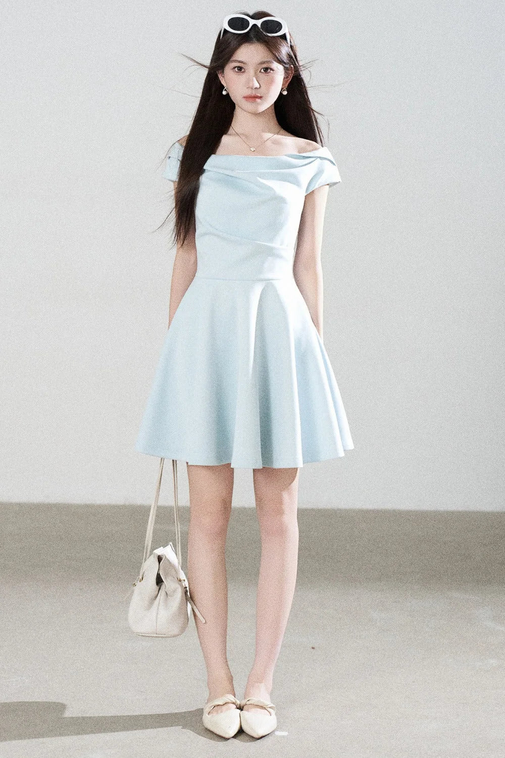 Lake Green Tencel Off-Shoulder A-Line Dress