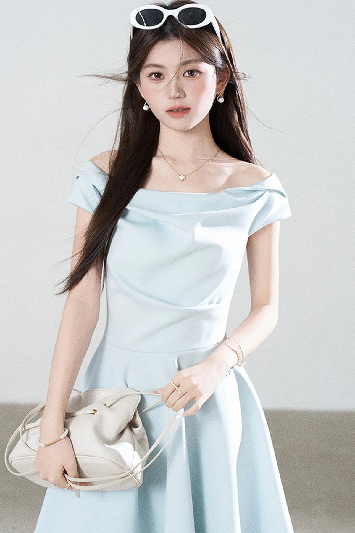 Lake Green Tencel Off-Shoulder A-Line Dress