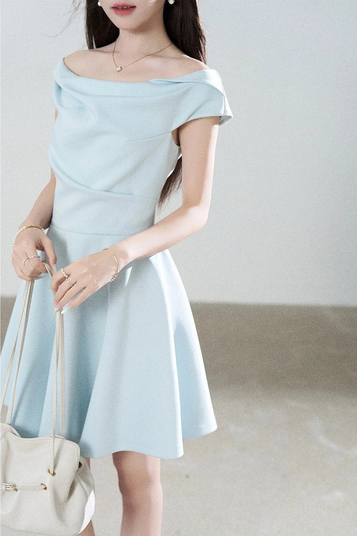 Lake Green Tencel Off-Shoulder A-Line Dress