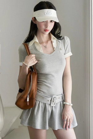 Lapel Contrast Pleated Dress