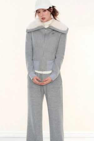 Lapel Fleece Slim Sweatshirt Jacket Set-Up