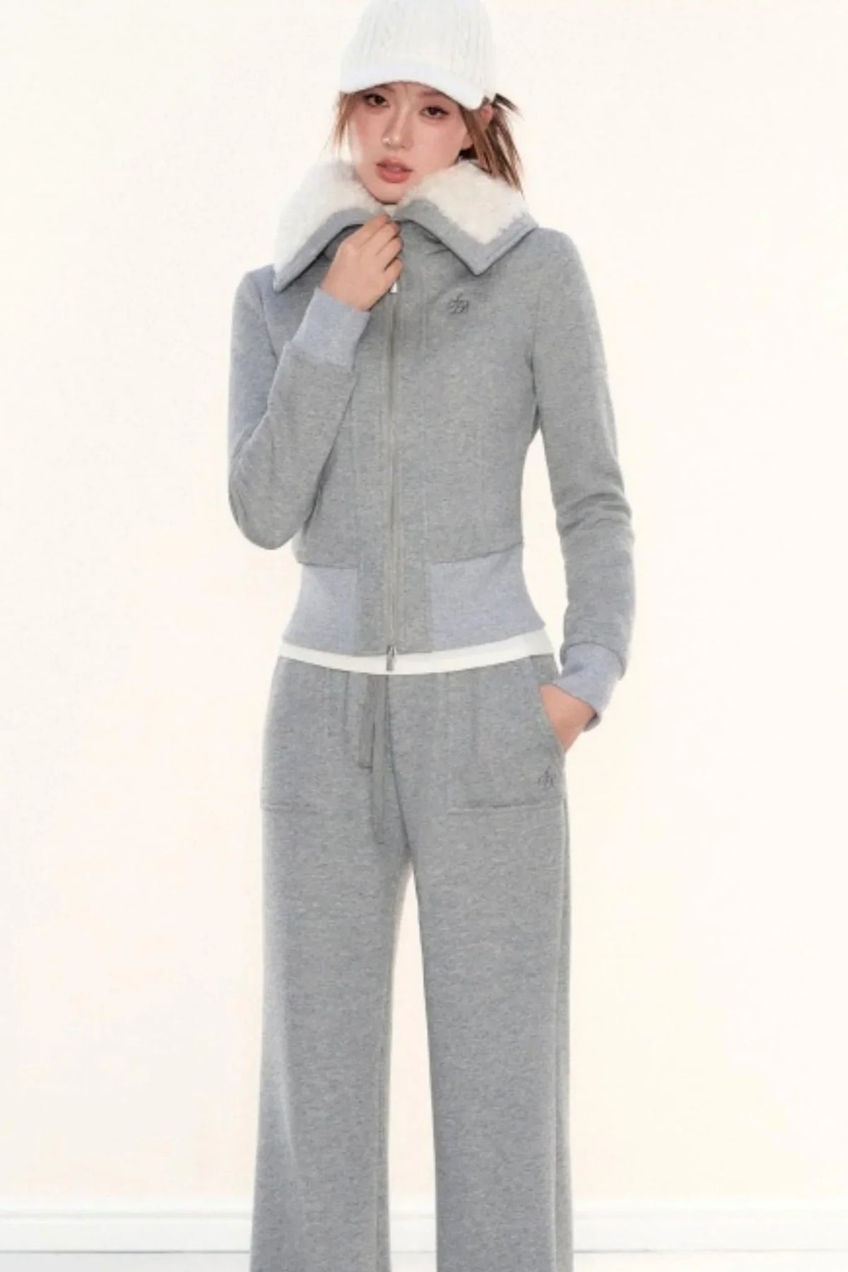 Lapel Fleece Slim Sweatshirt Jacket Set-Up