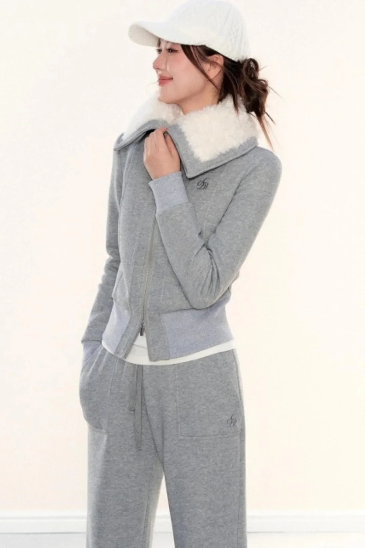 Lapel Fleece Slim Sweatshirt Jacket Set-Up
