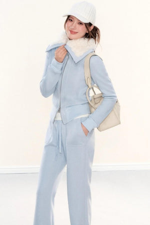 Lapel Fleece Slim Sweatshirt Jacket Set-Up