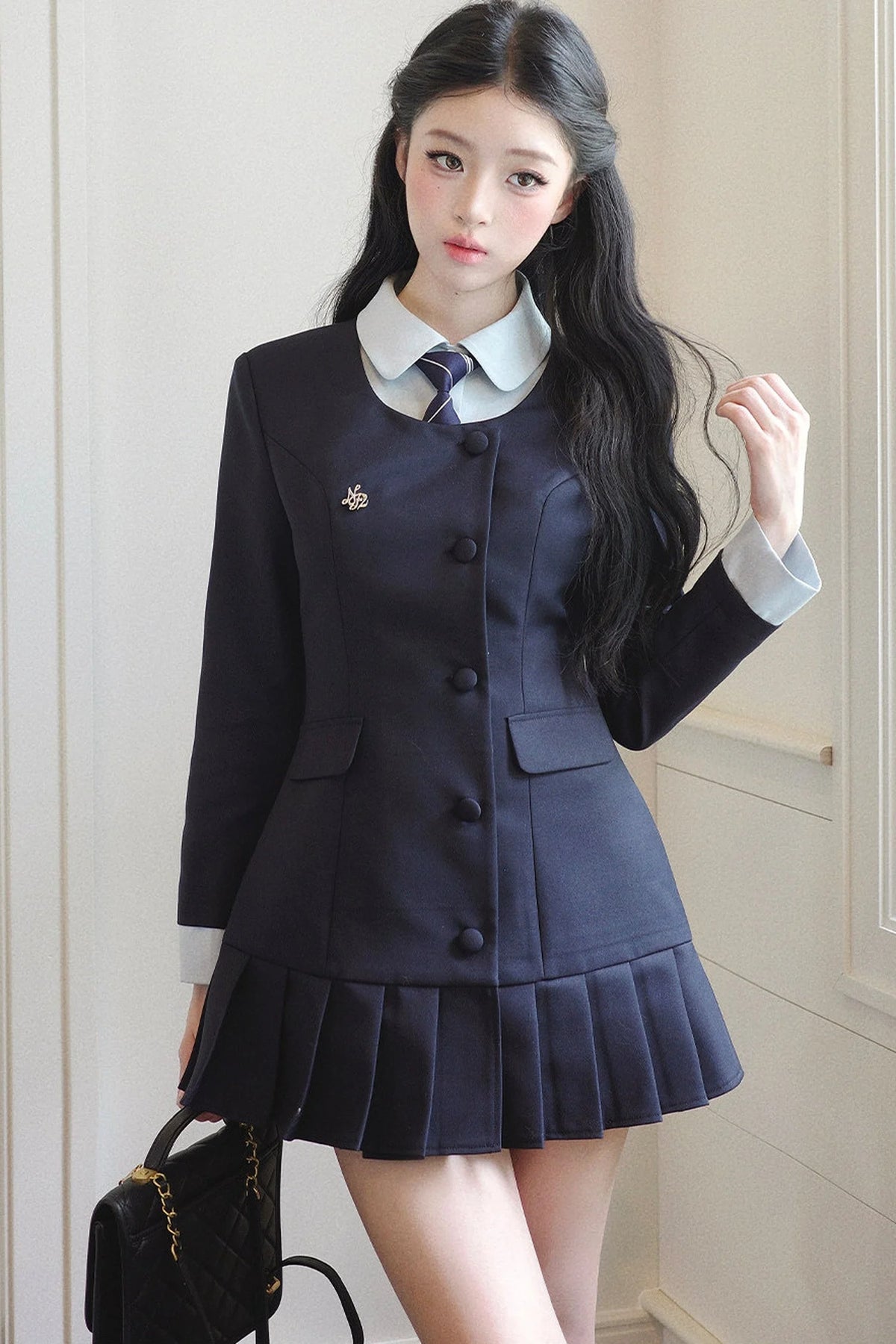 Lapel High-Waisted Pleated Dress Set-Up