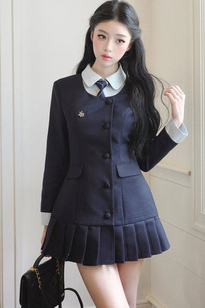 Lapel High-Waisted Pleated Dress Set-Up