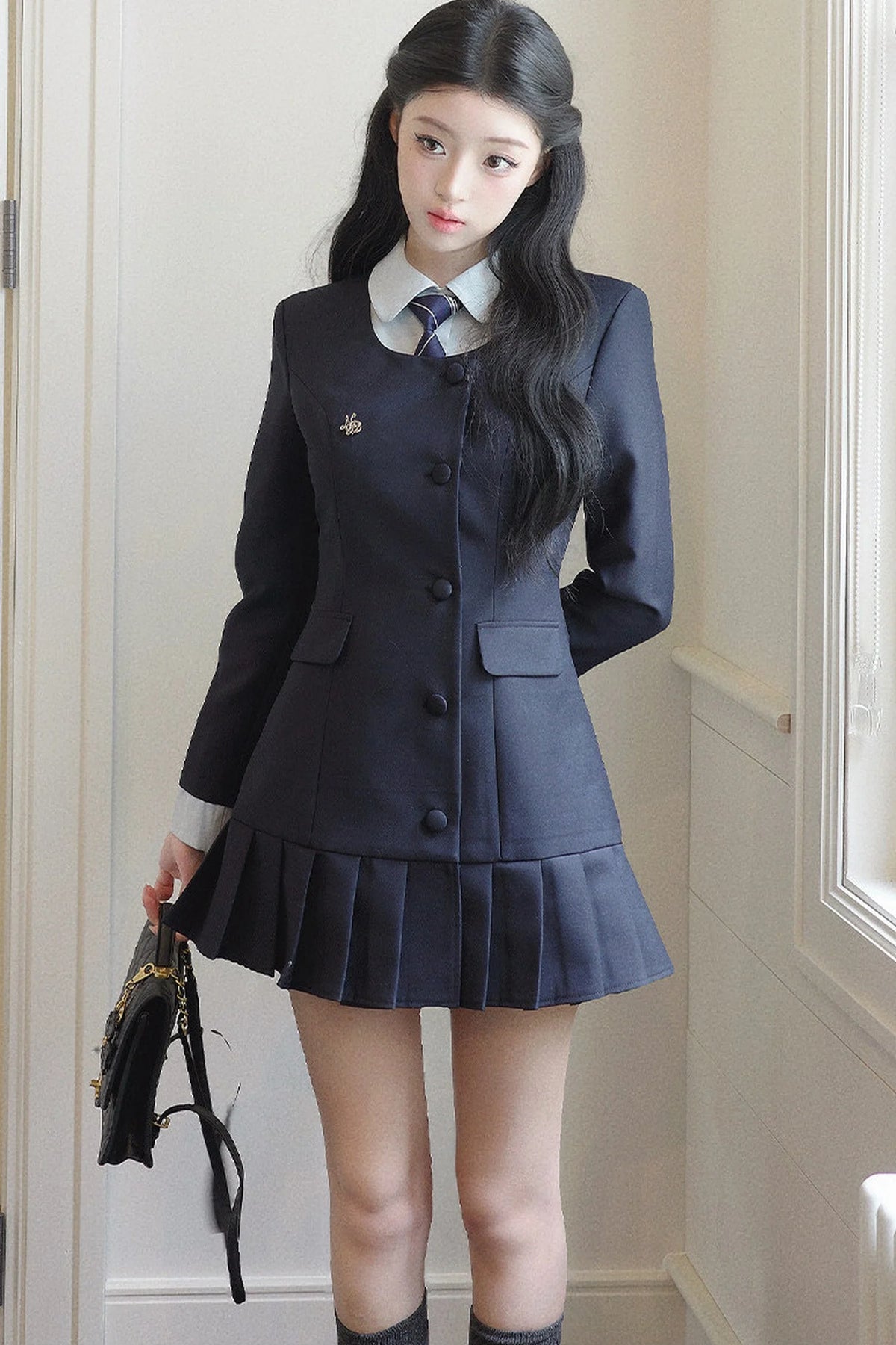 Lapel High-Waisted Pleated Dress Set-Up