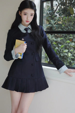 Lapel High-Waisted Pleated Dress Set-Up