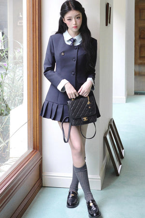 Lapel High-Waisted Pleated Dress Set-Up