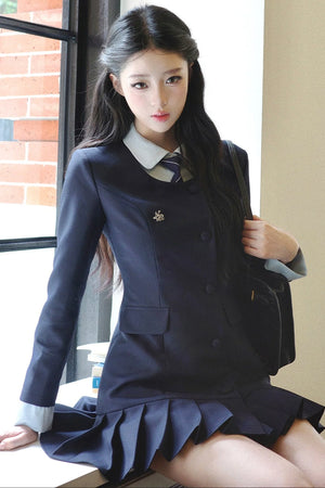 Lapel High-Waisted Pleated Dress Set-Up