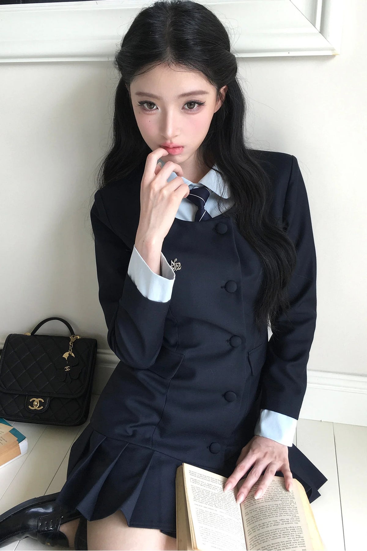 Lapel High-Waisted Pleated Dress Set-Up
