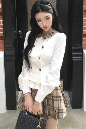 Lapel Knit Cardigan & Pleated Skirt Set-Up