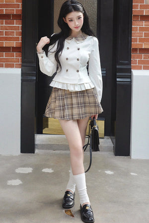 Lapel Knit Cardigan & Pleated Skirt Set-Up