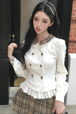 Lapel Knit Cardigan & Pleated Skirt Set-Up