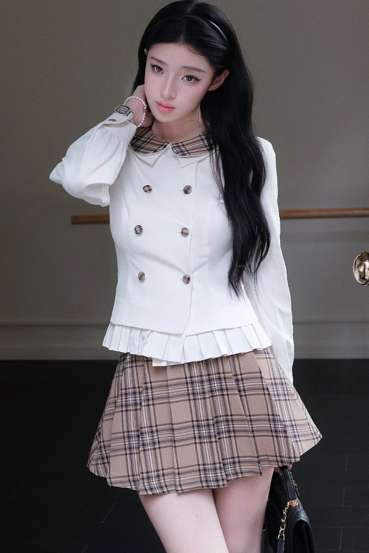 Lapel Knit Cardigan & Pleated Skirt Set-Up