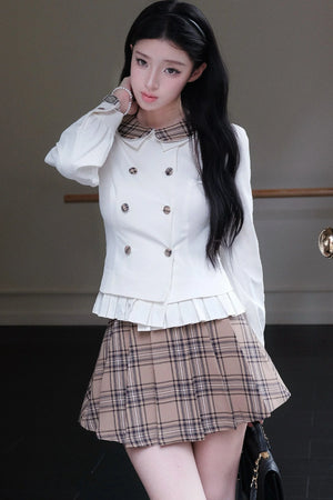 Lapel Knit Cardigan & Pleated Skirt Set-Up