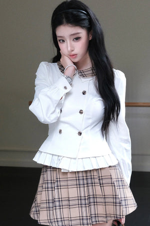 Lapel Knit Cardigan & Pleated Skirt Set-Up