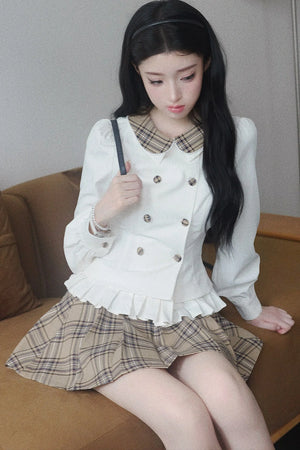 Lapel Knit Cardigan & Pleated Skirt Set-Up