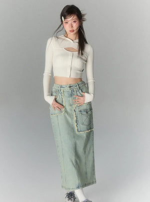 Large Pocket Athleisure Denim Maxi Skirt