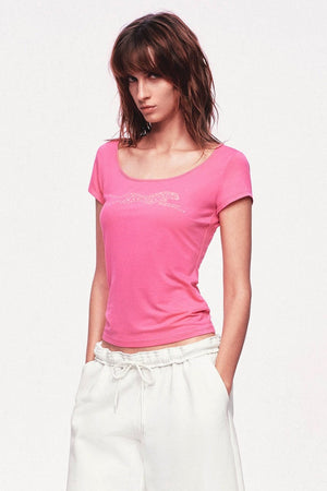 Large U-Neck Leopard Print Slim-Fit Short-Sleeve T-Shirt