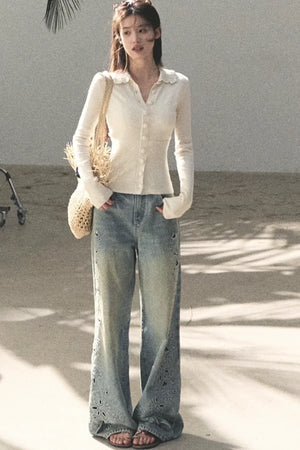 Laser Embroidery Distressed Jeans
