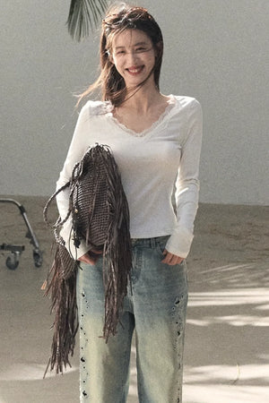 Laser Embroidery Distressed Jeans