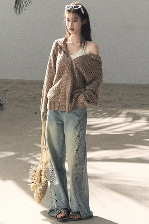 Laser Embroidery Distressed Jeans