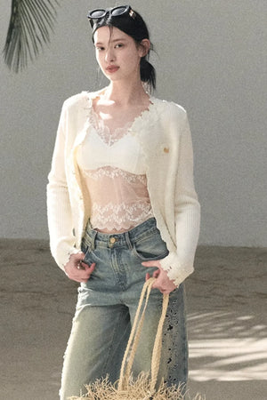 Laser Embroidery Distressed Jeans