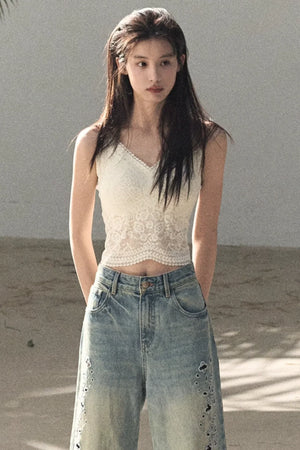 Laser Embroidery Distressed Jeans