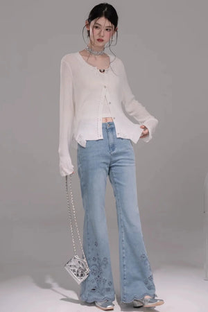 Laser Embroidery Washed Denim Pants