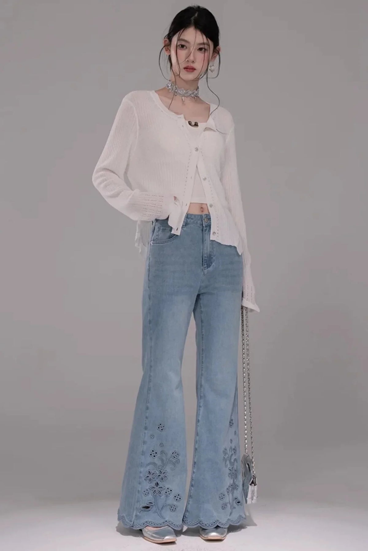 Laser Embroidery Washed Denim Pants