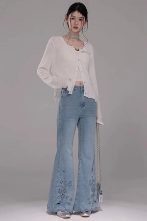 Laser Embroidery Washed Denim Pants