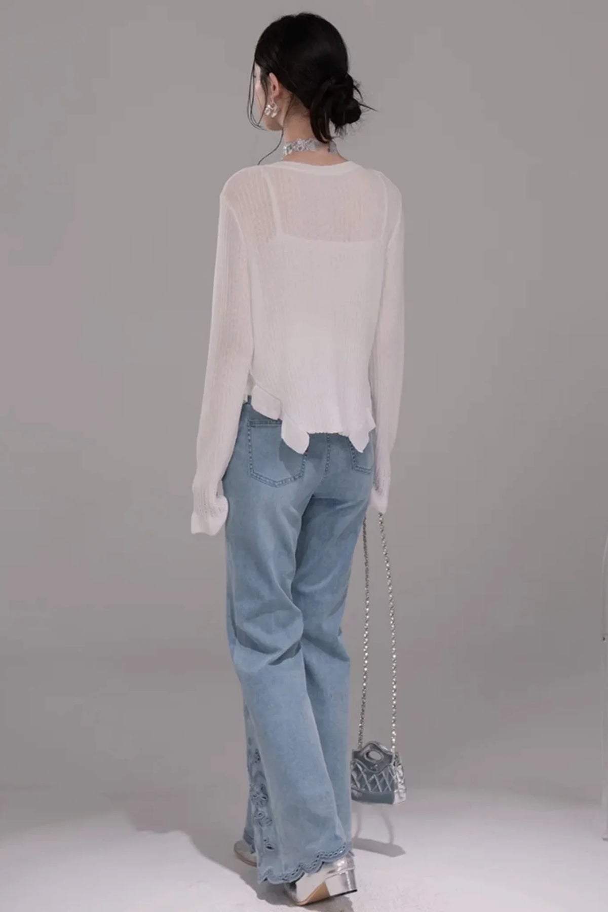 Laser Embroidery Washed Denim Pants