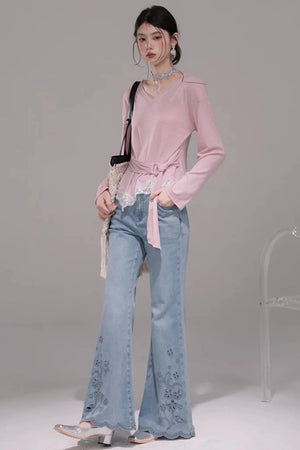 Laser Embroidery Washed Denim Pants
