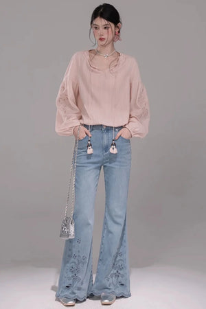 Laser Embroidery Washed Denim Pants
