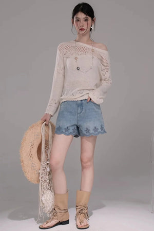 Laser Embroidery Washed Denim Pants