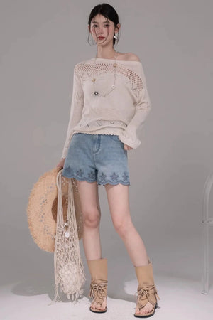 Laser Embroidery Washed Denim Pants