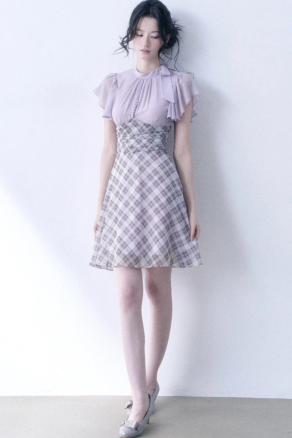Lavender Plaid Flutter Dress