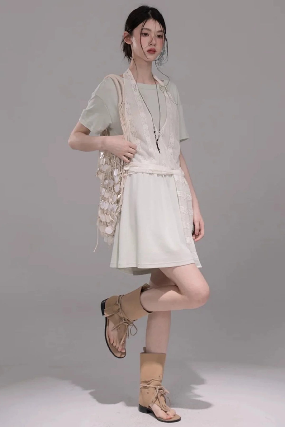 Layered Honeydew Halter Dress