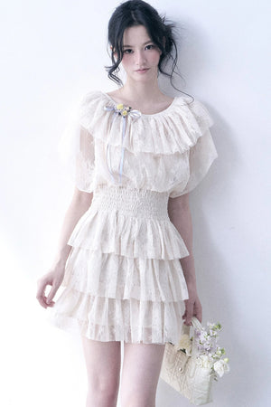 Layered Lace Ruffle Flutter Sleeve Tiered Dress