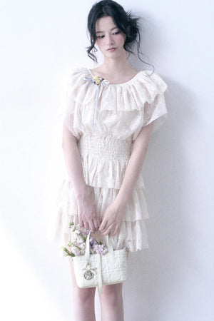 Layered Lace Ruffle Flutter Sleeve Tiered Dress