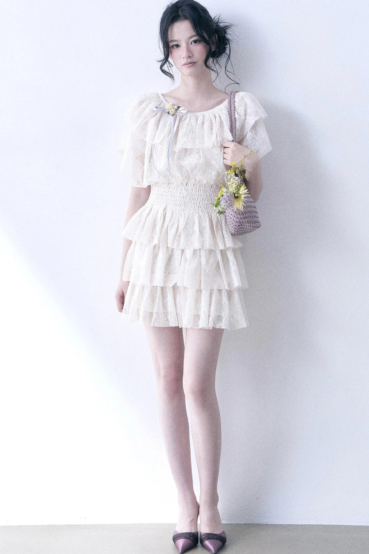 Layered Lace Ruffle Flutter Sleeve Tiered Dress