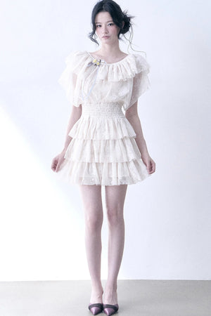 Layered Lace Ruffle Flutter Sleeve Tiered Dress